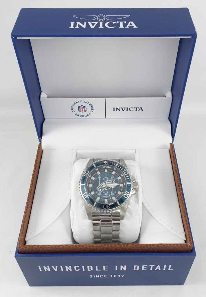 INVICTA 47mm Philadelphia Eagles NFL Watch Green White Dial Stainless Steel 36925 with Box