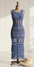 Boho Crochet Maxi Dress Blue Open Knit Fringe Beach Cover Up Sleeveless