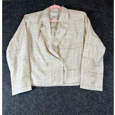 Vintage 90s Christian Dior Separates Linen Blazer Womens Beige 8 Plaid Cropped