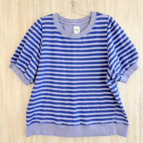 MAEVE ANTHROPOLOGIE Puff-Sleeve Sweatshirt Tee Size XL Blue Striped Short Sleeve