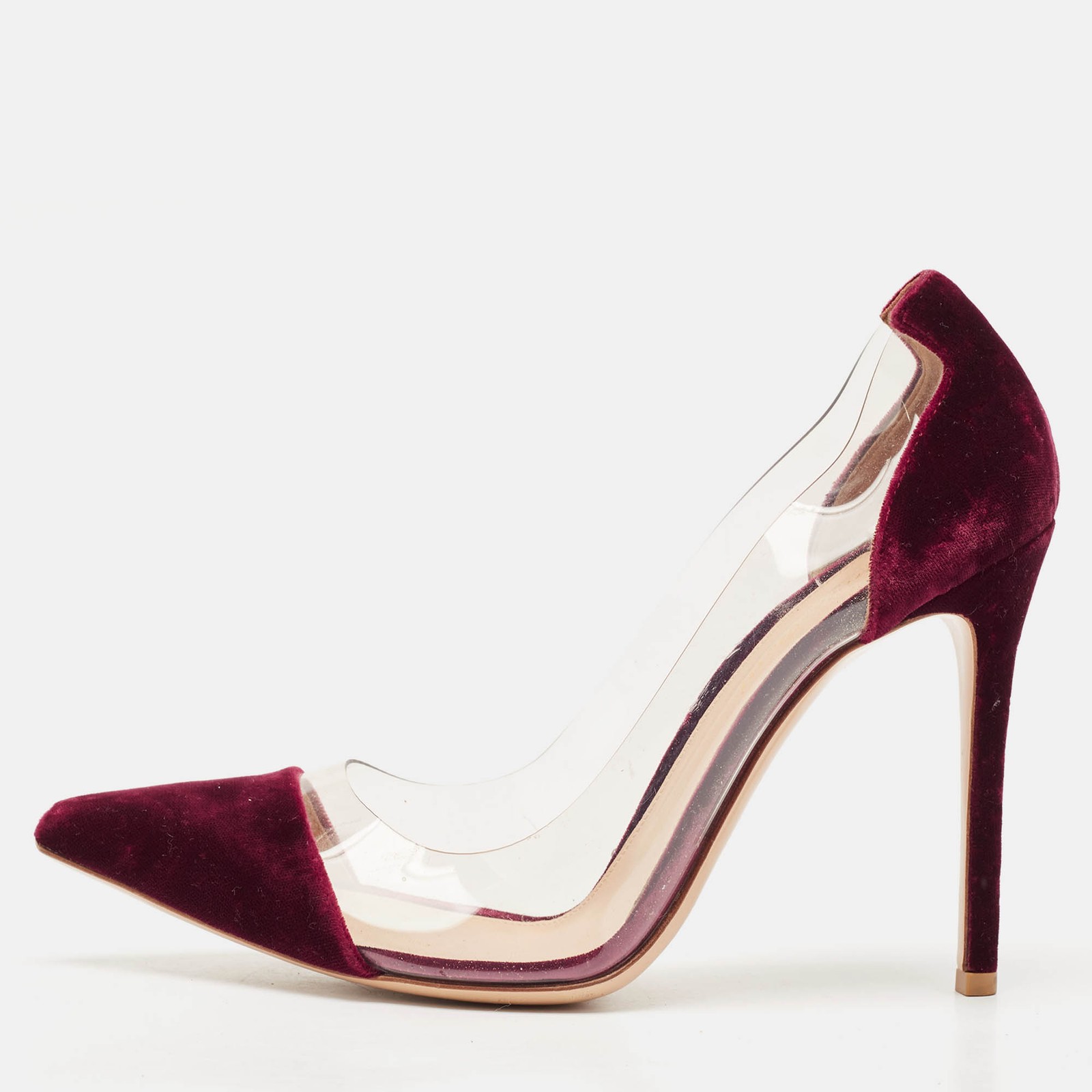 Gianvito Rossi Burgundy Velvet and PVC Plexi Pumps Size 40