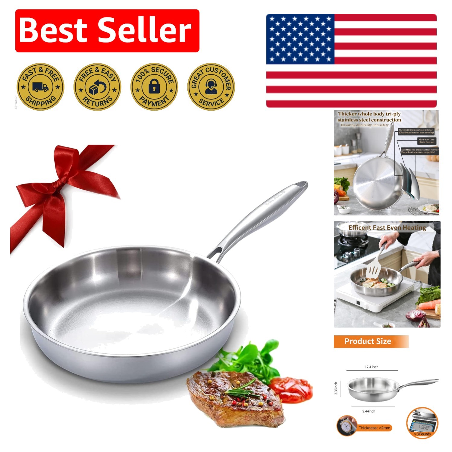 12.5” Non-Toxic Tri-Ply Stainless Steel Frying Pan - Fast & Even Heat, Oven Safe