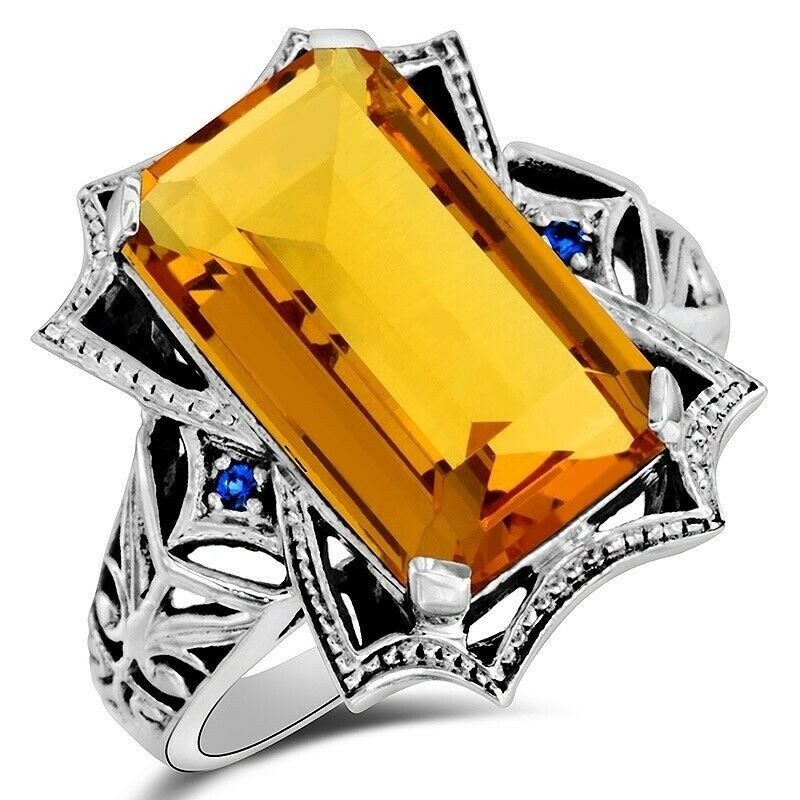 10CT Golden Citrine 925 Sterling Silver Filigree Ring Sz 7 F4-7