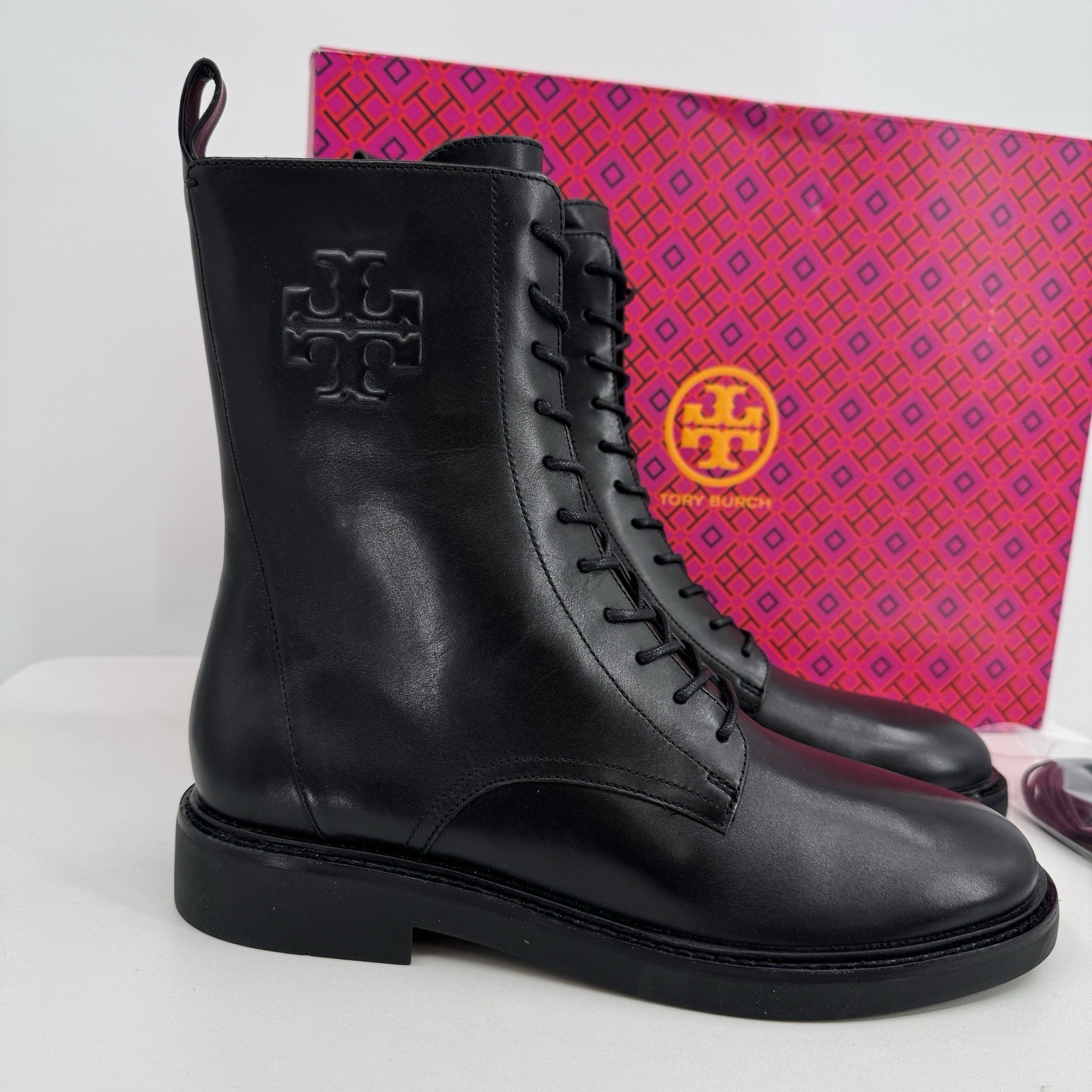 Tory Burch Double T Combat Boots size 9.5 Perfect Black Glossy Calf Leather thumbnail 2
