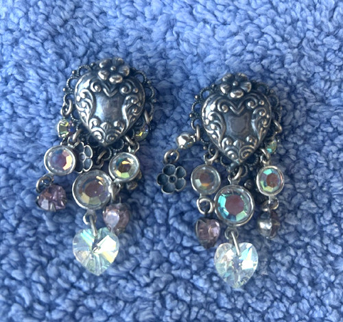1980S KIRKS FOLLY PIERCED TANGEL EARRINGS SILVER & RHINESTONES 2" X 1"