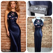 Vintage 90 s Navy Satin Maxi Dress Zum Zum 9/10 Floral Embroidery Empire Waist