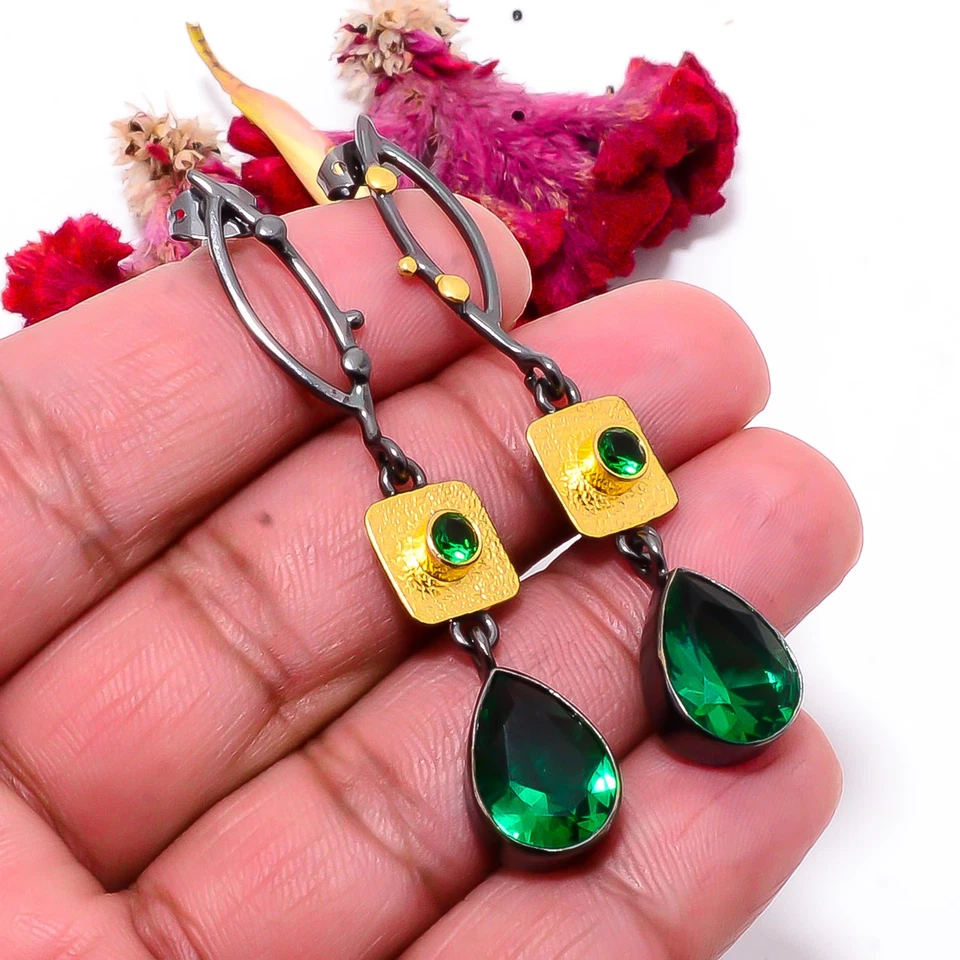 Esmeralda - Pendiente simulado de plata de ley 925 negro y oro rodio 2,34" Sku47 Foto 4 de 4