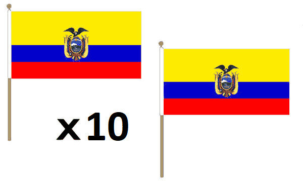 Set 10 Bandiere Ecuador 45x30cm con Asta in Legno per Feste e Sport