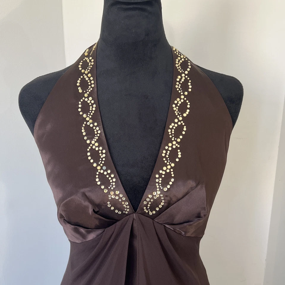 VNTG Donna Ricco Brown Silk Halter dress Sz 10 Rhinestone Asymmetric Y2k Sheer - Image 2 of 4