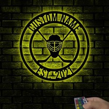 Personalized Ice Hockey Metal Wall With LED Light, Custom Player Stick Name Sign