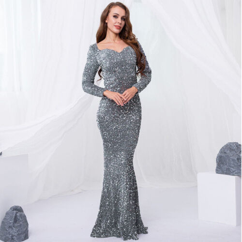 Hot Lady Sequin Formal Dress Long Sleeve Elastic V-Neck Evening Dress Prom Party - Picture 15 of 16