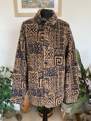 Zara Man Brown Aztec Fleece Jacket Coat Top Mens Fluffy Jumper Size XL  UK