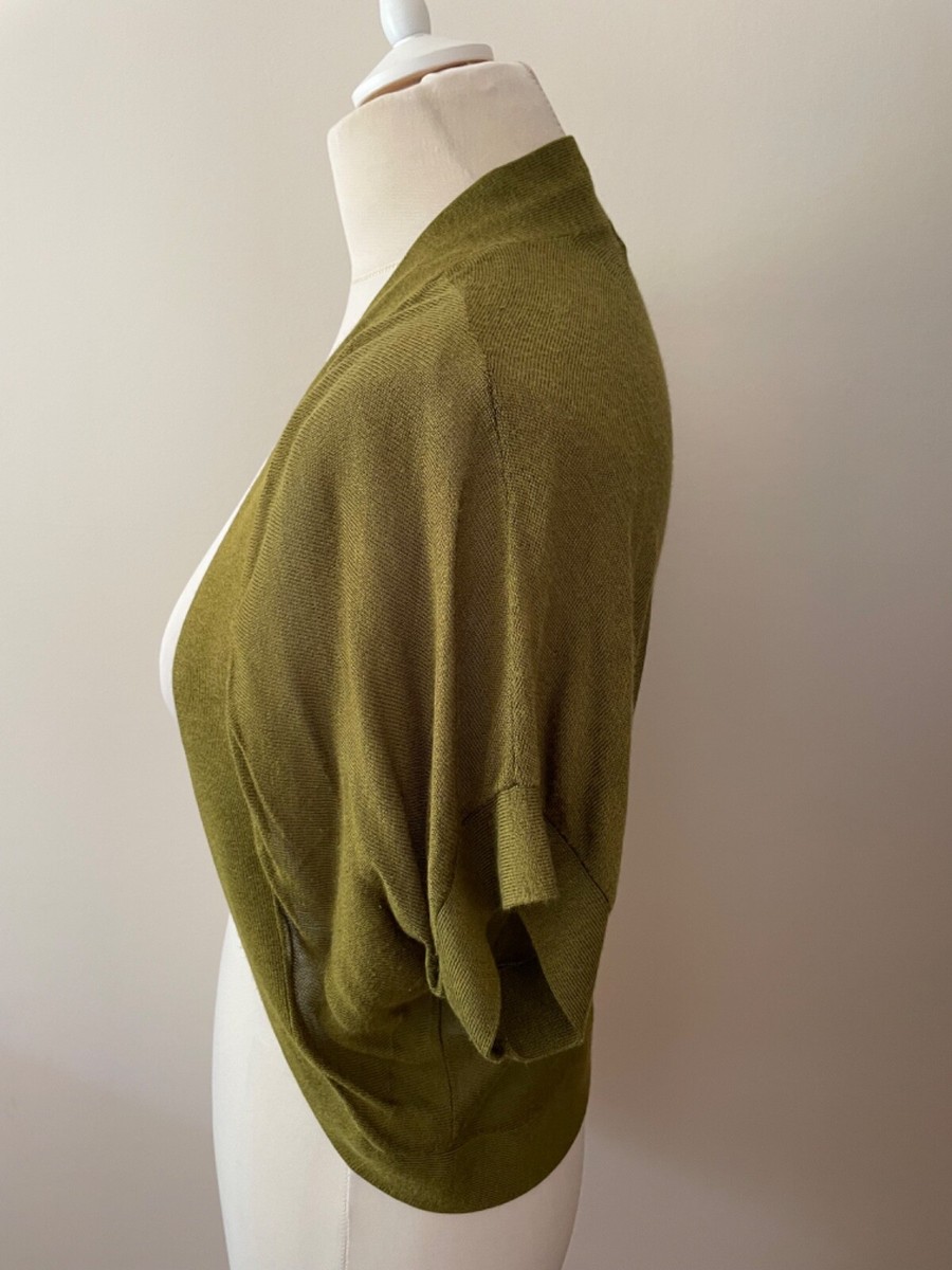 monsoon olive green fine knit short batwing sleeved bolero cardigan