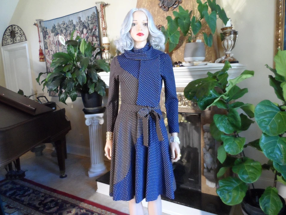 Lanvin Brown/Blue Polka Dot Fit & Flare Belted Knit Dress w/Scarf Detail Size 10 - Image 2 of 4