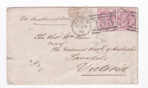 1876 QV PAAR 3d ROSENMARKENPLATTE 17 AUF ELGIN-BRIEF AN BANK VICTORIA AUSTRALIEN