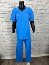 Shadowline Floral Neckline Button Up Blue All Nylon 2 Piece Set Women's Size 34