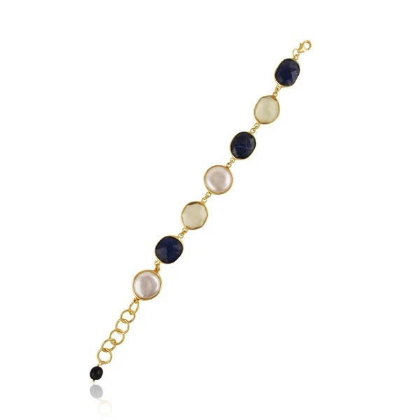 Water Pearl, Lapis, Lemon Topaz & Black Onyx Wrist Bracelet With 18K Gold Plated - Image 2 of 4