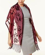 INC International Concepts Floral Velvet Chiffon Scroll Tassel Wrap Scarf wine