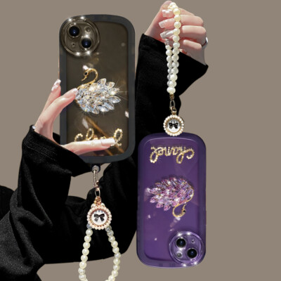 For iPhone 14 13 Pro Max 12 11 XS XR 7 8 3D Luxury Diamond Swan Round Case Cover