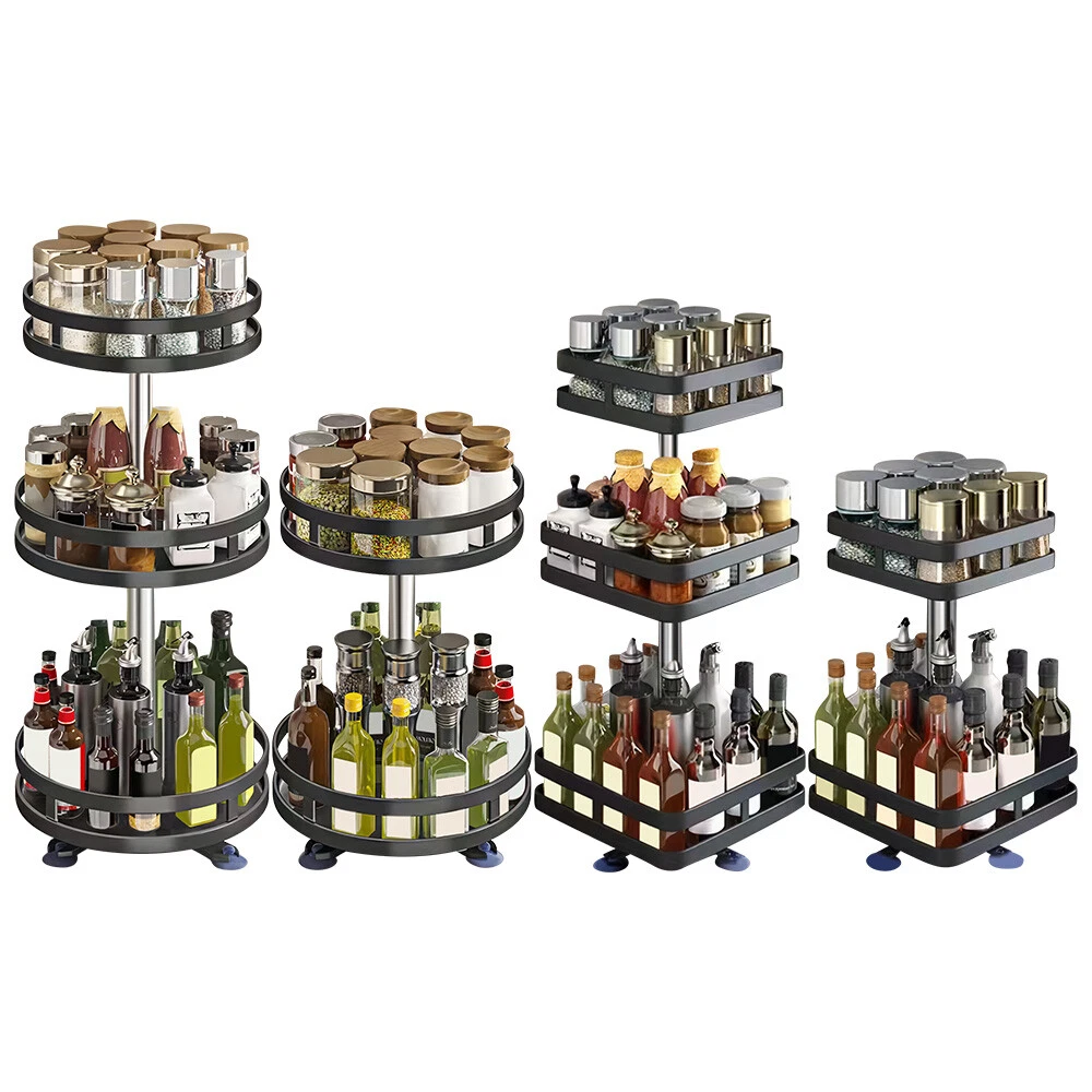 2/3Tiers Lazy Susan Organizer Spice Rack Metal Seasoning Organizer Kitchen Black