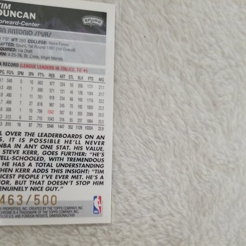 2003-04 Tim Duncan Topps Chrome Black Refractor #463/500 *NICE* - Picture 5 of 6