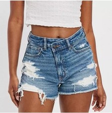 American Eagle Blue Denim Strigid Distressed Super High Waist Mom Short Sz 0