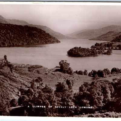 c1930s Loch Lomond Scotland RPPC Scenic Highland Loch Island Forested Shore A349