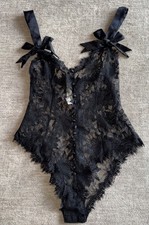 Victoria  s Secret Vintage Gold Label Lace Teddy Bodysuit Black Satin Bows Size M