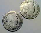 Lot of Two Barber Half Dollar Coins 90% Silver, 1901 and 1902