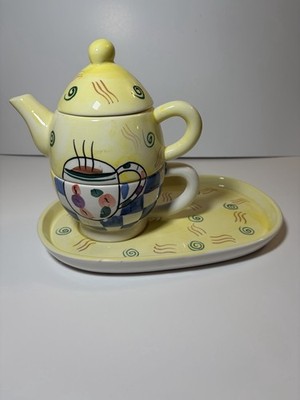 World Bazaars Inc Ceramic Tea For One Yellow Abstract Teapot Cup Plate Set