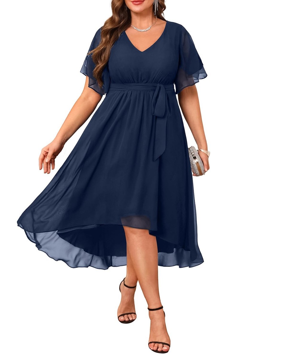 white christmas dresses Long Sleeves V-Neck Tea Length Chiffon Wedding Guest Dresses, Blush main image 1