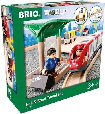 BRIO 33209 Rail & Road Travel Set 33pcs Wooden Train Track Toy with Vehicles