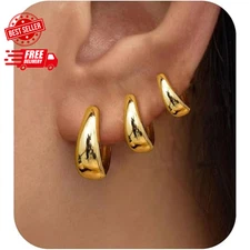 14K Gold Plated Chunky Hoop Earrings Set | Sterling Silver Post Small Huggie Ear