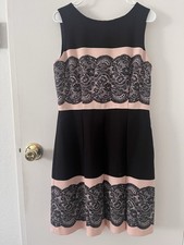 Tahari Arthur S Levine Pleated Midi Dress Black Pink Lace Print Size 10