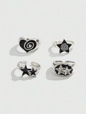 Silver 4pcs Star Love Spiral Gothic Punk Ring Set One Size