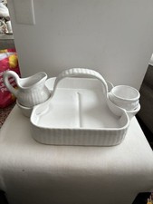 White pottery strawberry handle basket weave,jug,sugar owl,unknown maker
