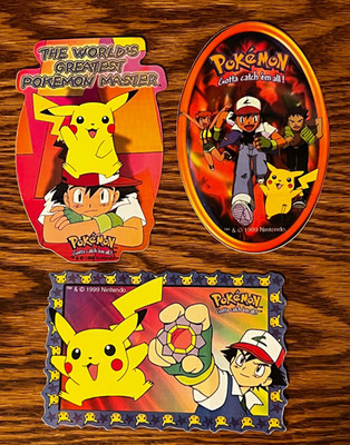 Vintage 2000 Set of 3 Pokémon Stickers Pickachu & Ash  4 1/4'' x 2  3/4'' NEW RARE