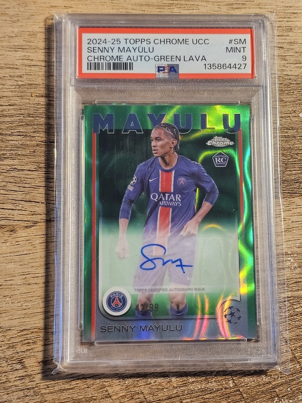 2024-25 Topps Chrome UCC Senny Mayulu Rookie Auto Green Lava /99 PSA 9