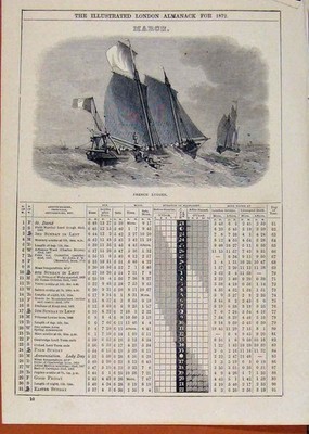 Original alter antiker Druck London Almanack französischer Lugger März 1872 viktorianisch