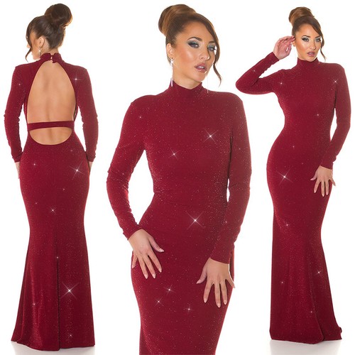 Koucla Kleid Damen Abendkleid Maxi Red-Carpet Party Glitzer Kleid Bordeaux S