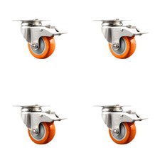 3.5 Inch 316SS Orange Polyurethane Swivel Top Plate Caster Set Total Lock Brake