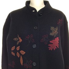 Nordic Design Womens Coat Size Large Black 100% Wool Leaf Embroidered Design