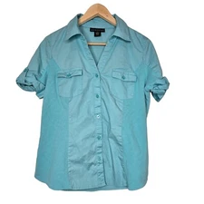 Attention Women's Button Up Shirt Short Sleeve Two Front Pocket Blue Size L