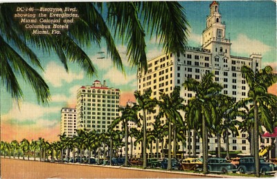 Biscayne Blvd Hotels Everglades Colonial Columbus Miami Florida 1940s Postcard 
