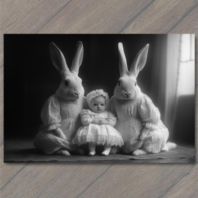 STICKER Surreal Bunnies Baby Holding Victorian Odd Fantasy Creepy Weird Rabbit