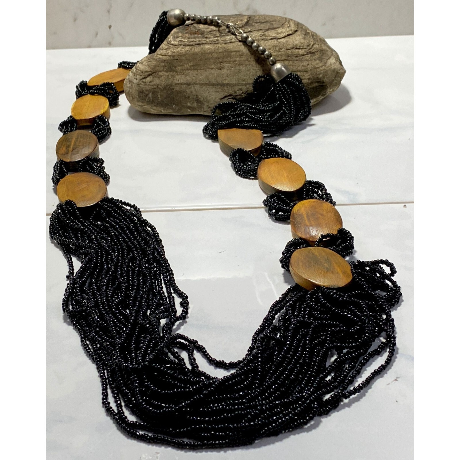 Multiple Strand Black Seed Bead Statement Necklac… - image 1