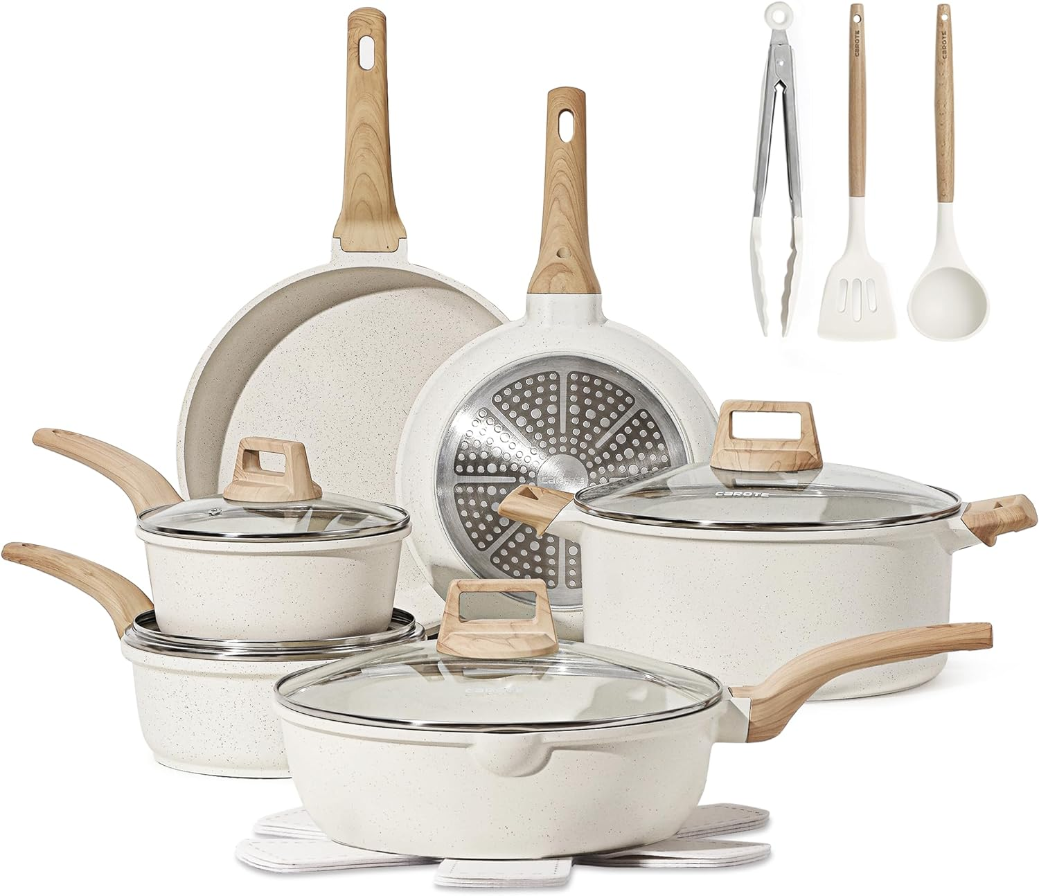 CAROTE 16 Piece Pots and Pans Set Nonstick, White Granite Cookware Sets Inductio