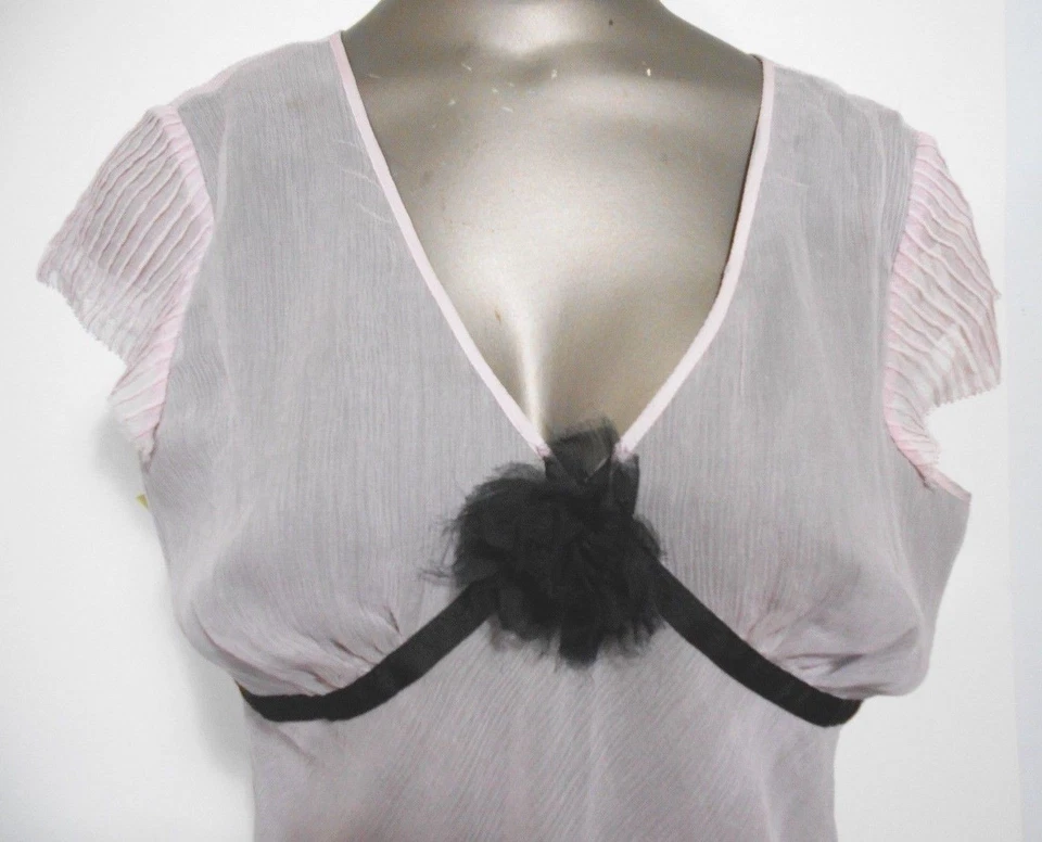 Alfani Womens Y2K Babydoll Pink Black Lined Cap Sleeve V Neck Silk Top Size 10P - Image 2 of 4