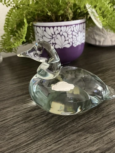 Blenko Clear Glass Duck Paperweight / Figurine 6 inch W Original Label LOOK