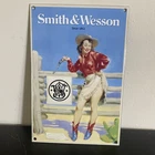 VINTAGE SMITH N WESSON LADY GASOLINE MOTOR OIL PORCELAIN SIGN